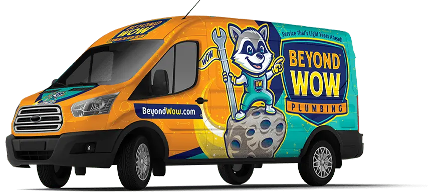 Beyond Wow Plumbing branded Ford Transit service van in Austin
